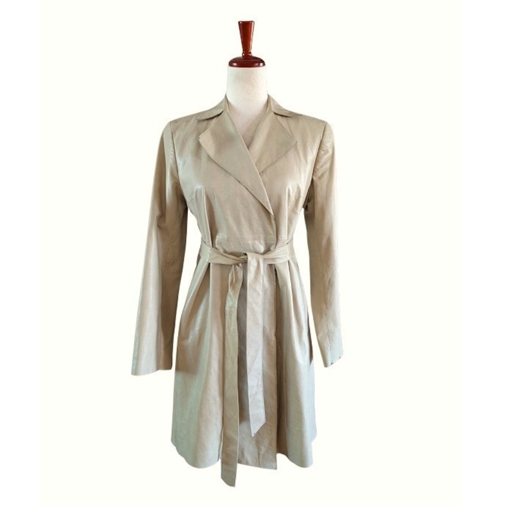 VTG Banana Republic Womens Tan Genuine Leather Trench Coat Belted Size S Beige